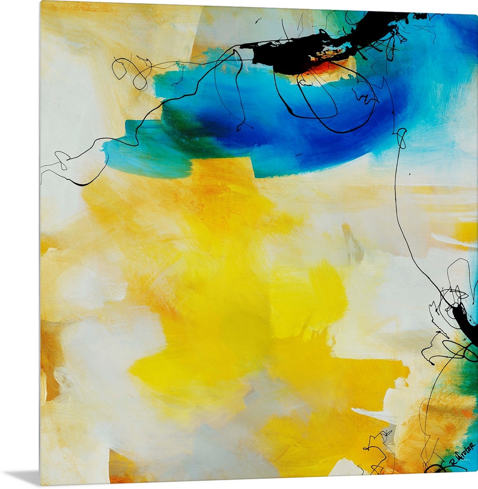 Abstract painting of fluid black lines overtop of vibrant yellow and blue brushstrokes.