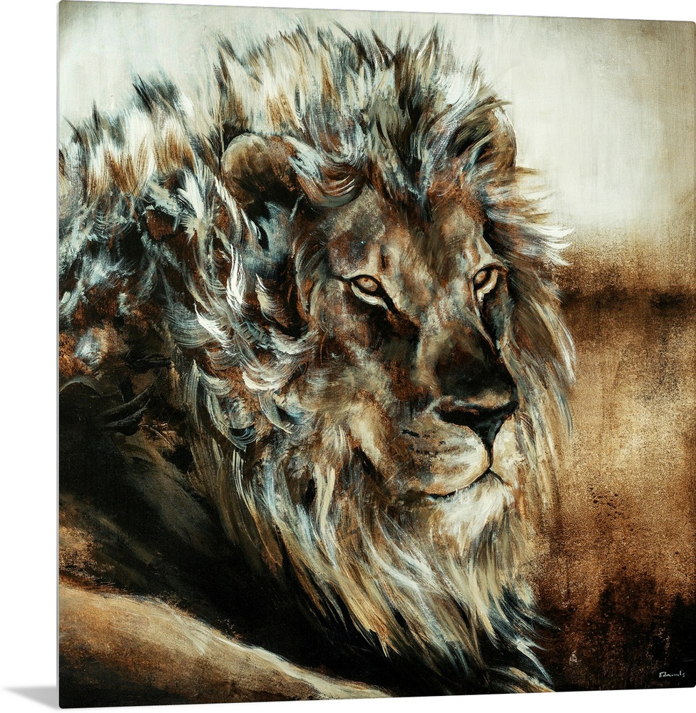 Oversized, square, fine art painting of the upper half of a male lion, using wispy brush strokes.