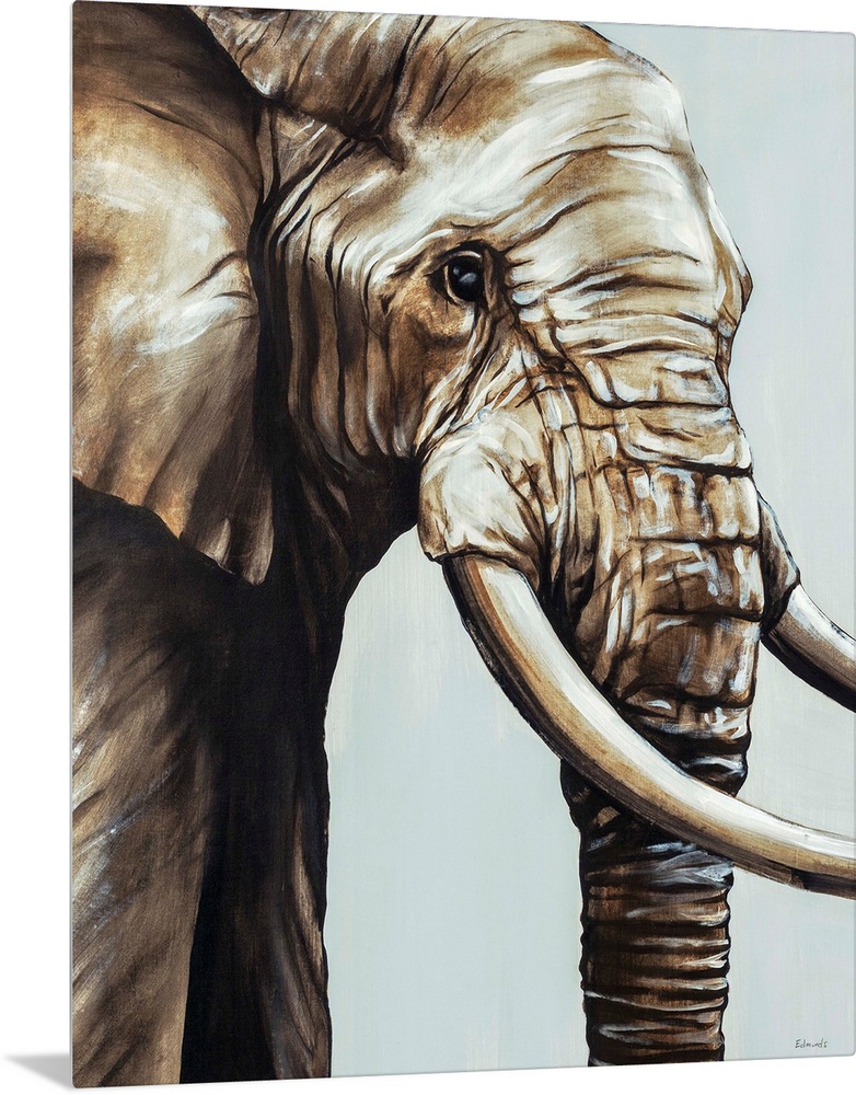 Painted brown and gray portrait of an elephant.