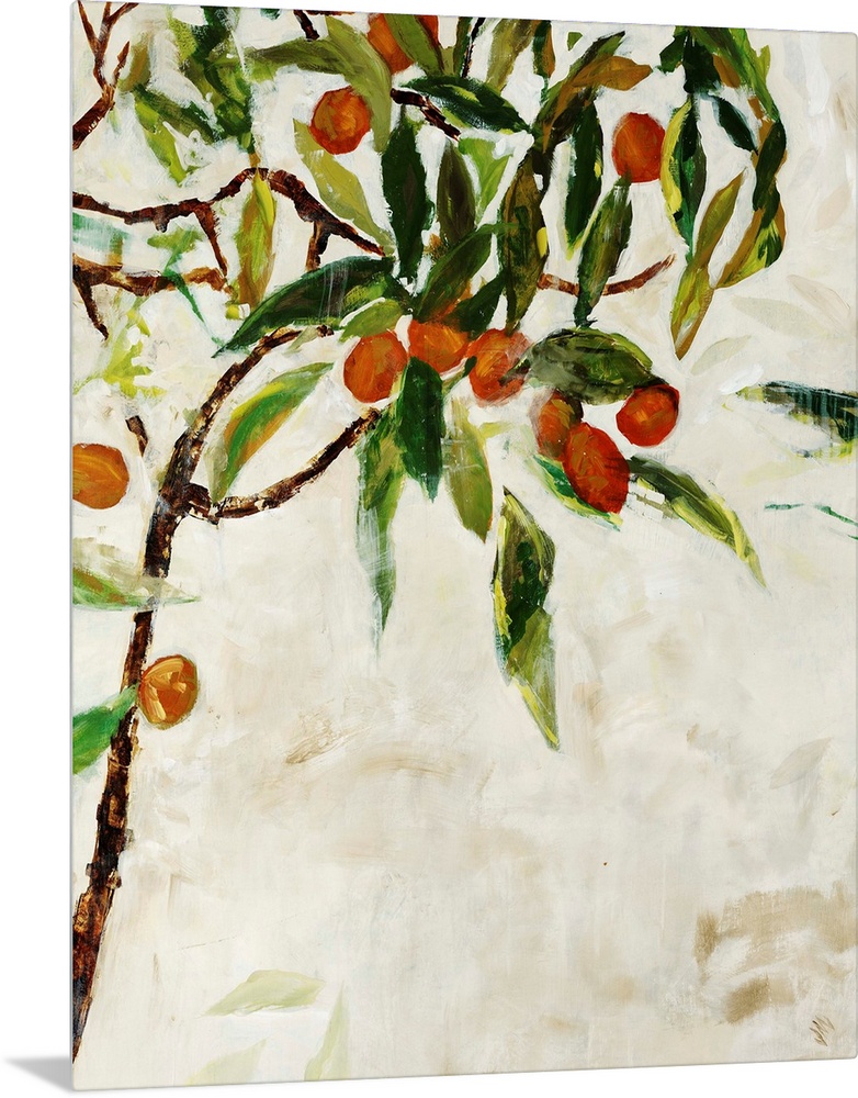 Contemporary painting of a kumquat tree over a neutral background.