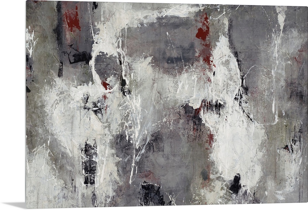 Contemporary painting done in various cool gray tones with tiny maroon accents.