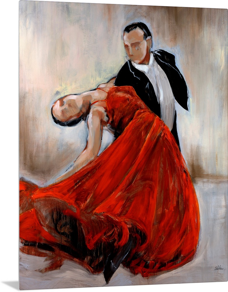 Huge contemporary art depicts a man in a tuxedo dancing with a woman in a flowing bright dress while in front of a simple ...