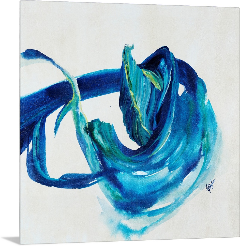 Contemporary painting of an energetic form painting in various shades of blue with hints of yellowish-green.