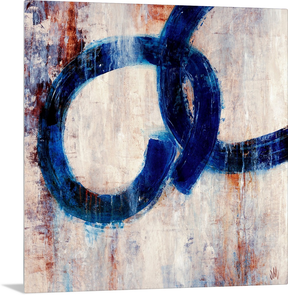 Square, contemporary art on a large canvas of two dark rings interlocking, on a patchy background of various neutral colors.