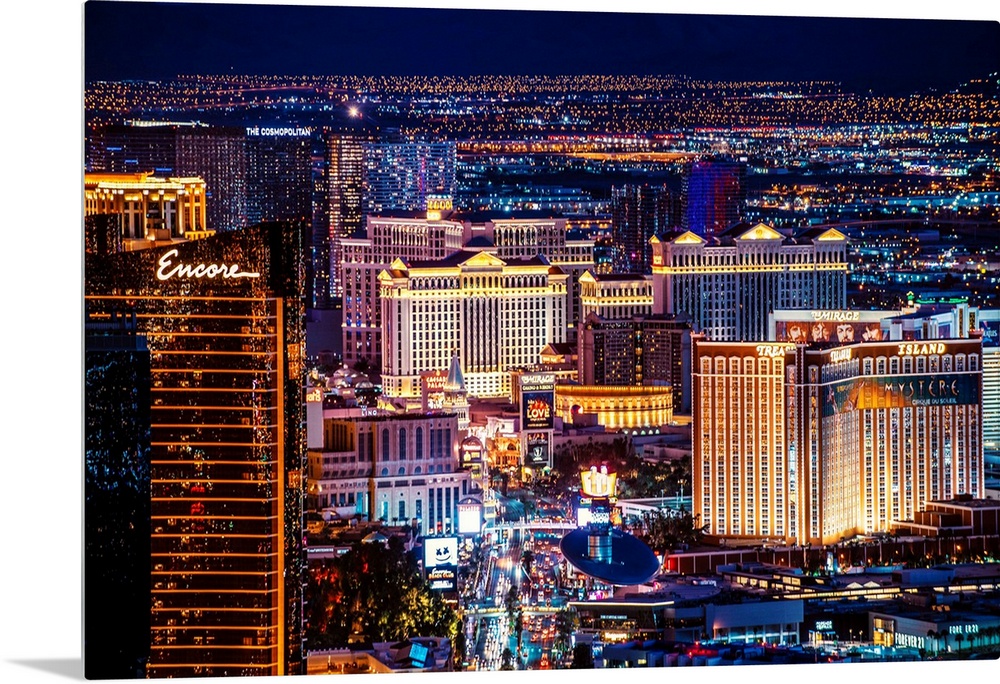 View of hotels and casinos near Las Vegas strip in Nevada at night.