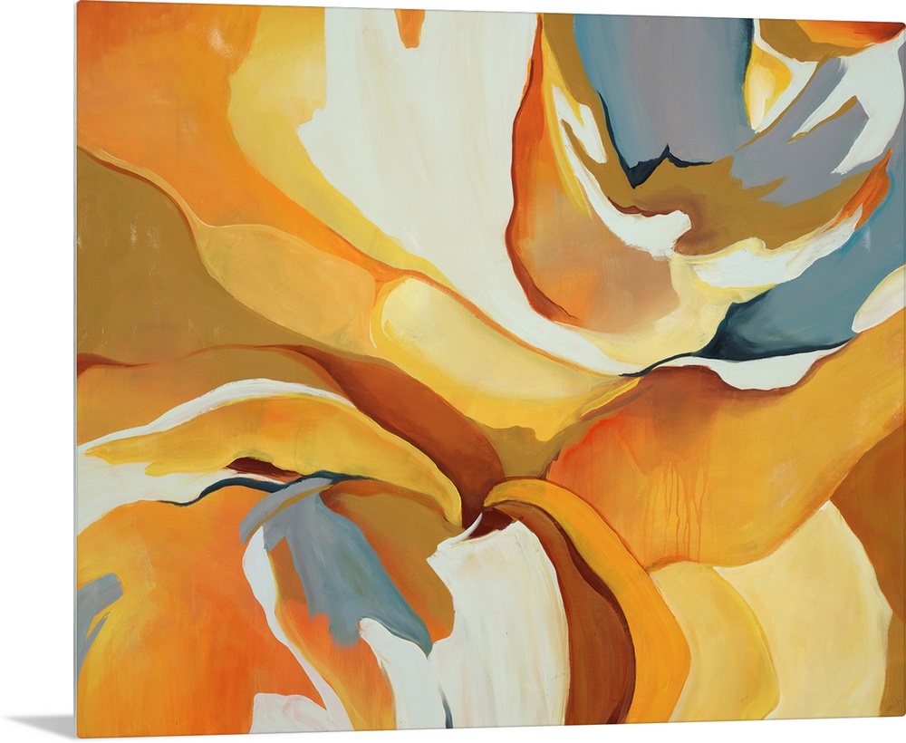 Bright abstract painting of fluid forms in varying shades of yellow, from lemon to mustard.