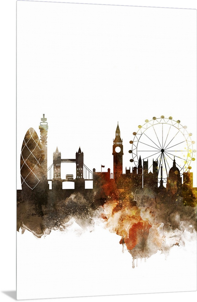 The London city skyline in colorful watercolor splashes.
