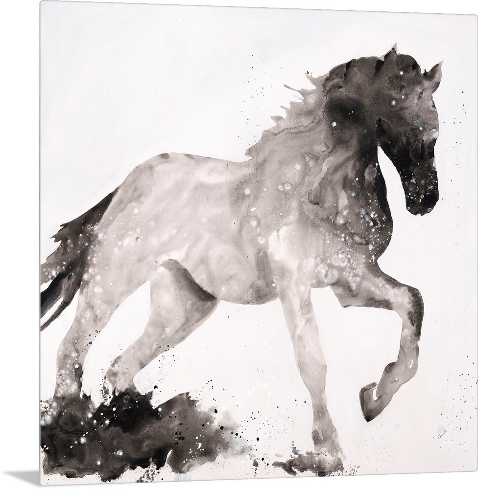 Silhouette of a horse with its front leg up in shades of black and gray on a white, square background.