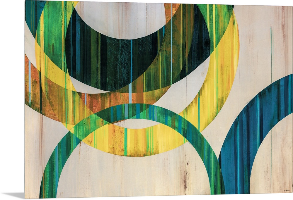 Modern abstract art of circular rings painting in shades of blue, green, yellow, and orange over a netural background.