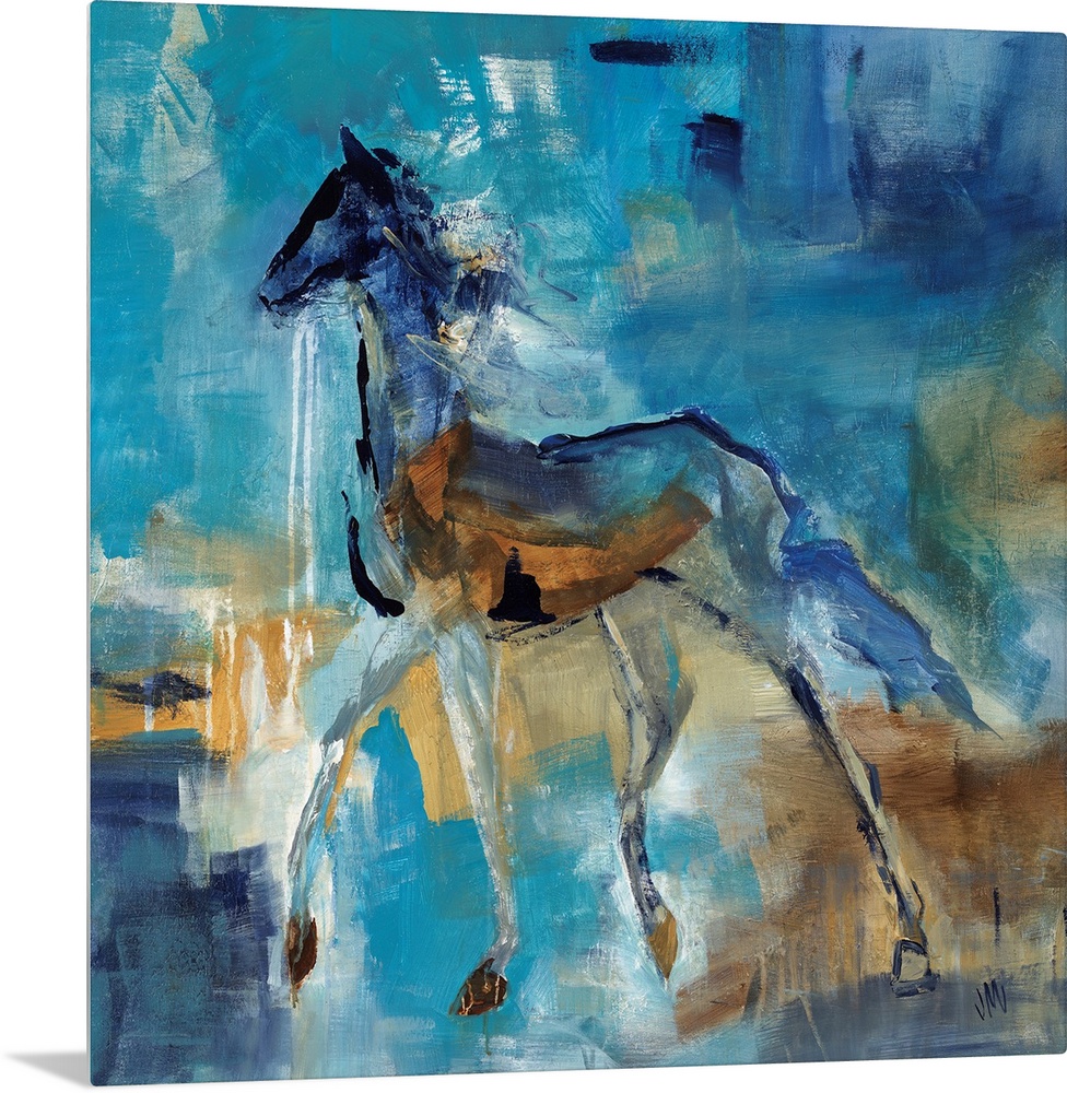 Abstract portrait of a horse in various shades of blue and brown.