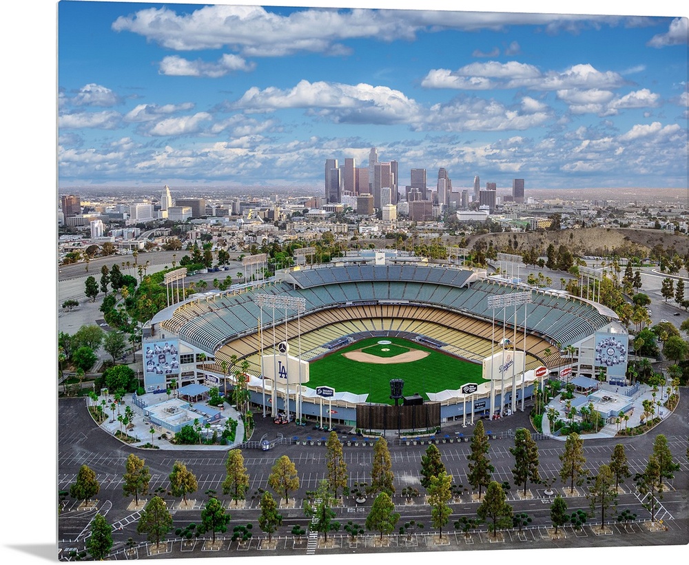 Aerial view of the Dodger Stadium with the Los Angeles skyline in the distance, California.