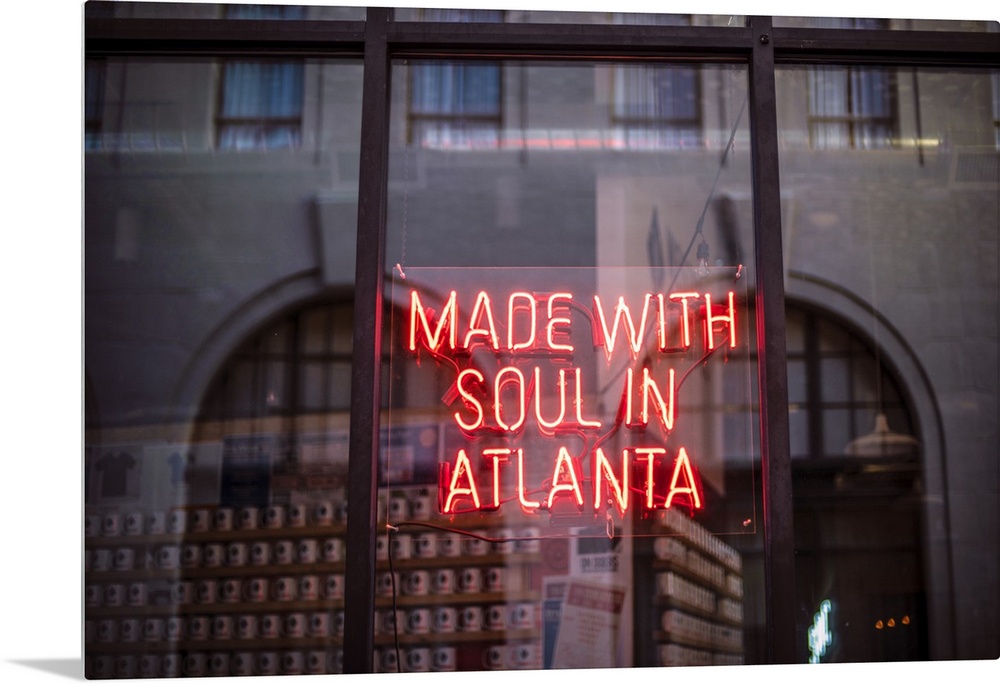 Made With Soul In Atlanta, a yellow neon sign in the window of Switchyards Downtown Club in Atlanta, Georgia.
