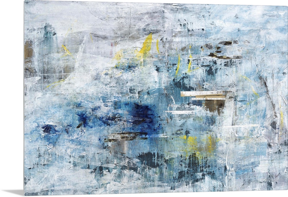 A textured abstract painting in shades of blue and gray with elements of yellow throughout.