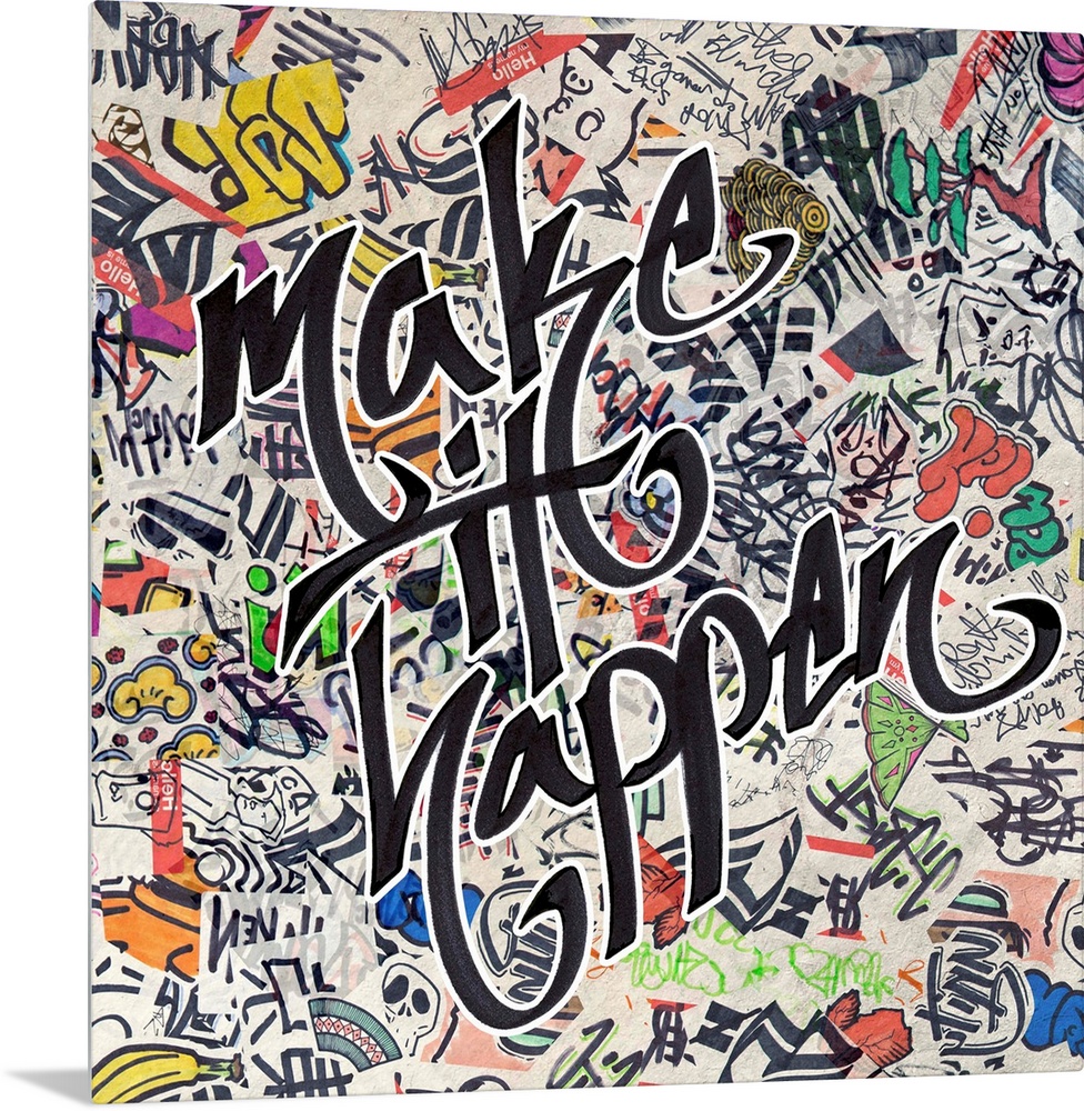 Graffiti-style lettering over a grunge background of pop stickers and symbols.