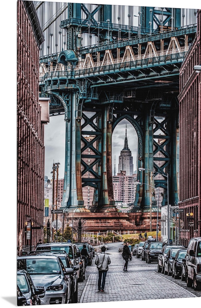 View of Manhattan Bridge from Washington Street in New York City.