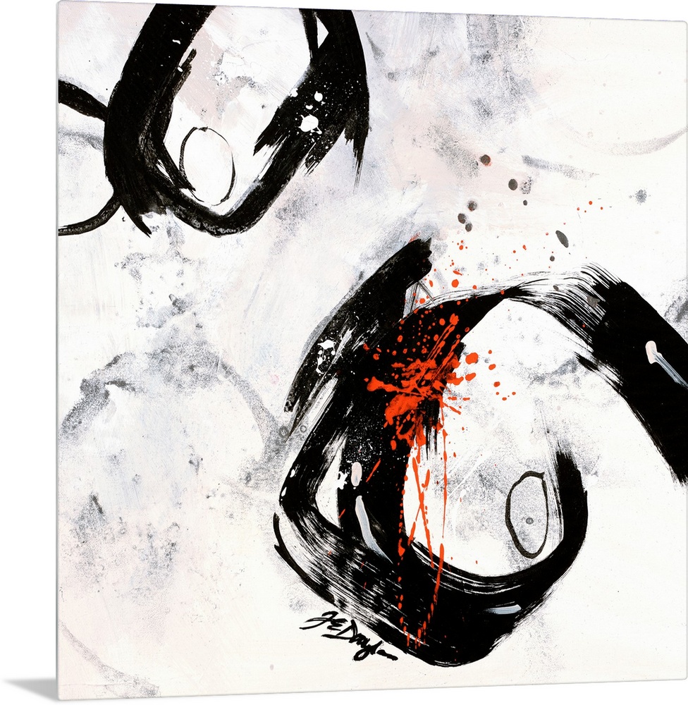Contemporary abstract painting of two boldly colored circles surrounded by paint smudges and covered in paint splatter.