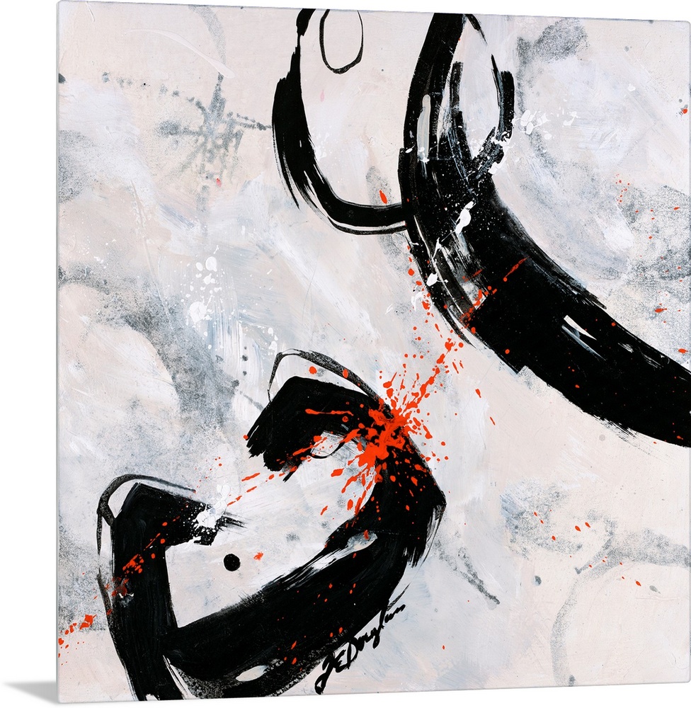 A fierce abstract contemporary painting with bold, dark strokes moving purposefully over the neutral background.