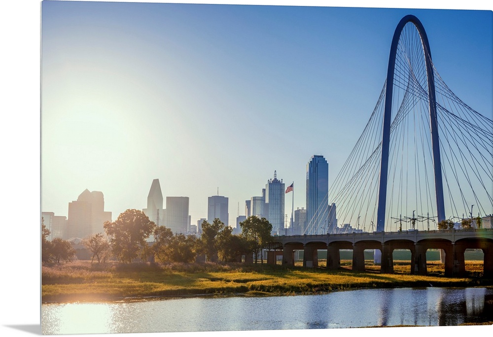 The Margaret Hunt Hill Bridge spans the Trinity River in Dallas, Texas.