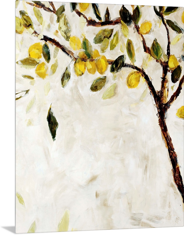 Contemporary painting of a Meyer lemon tree over a neutral background.