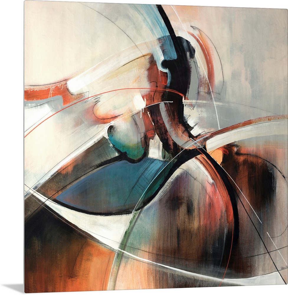This contemporary painting is an abstract blend and swirl of shapes on square shaped wall art.