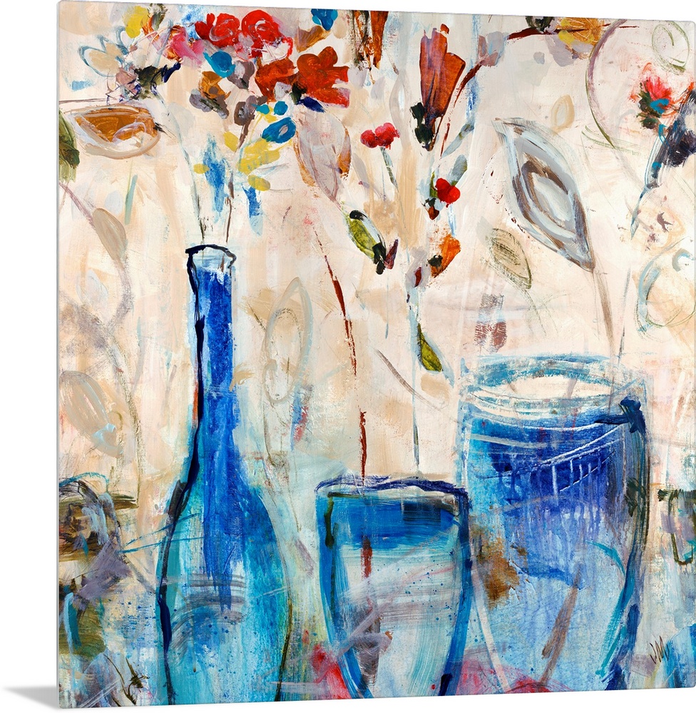Contemporary painting of three glass vases holding a few flowers, done in a quick gesture style.