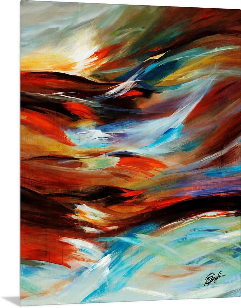 Contemporary abstract painting of wind blowing, illustration by colorful, curved lines.