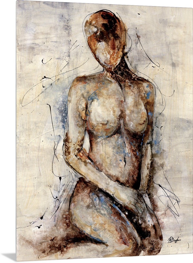 Contemporary abstract figurative painting of a woman's figure sitting on her knees. The image is void of any fine details ...