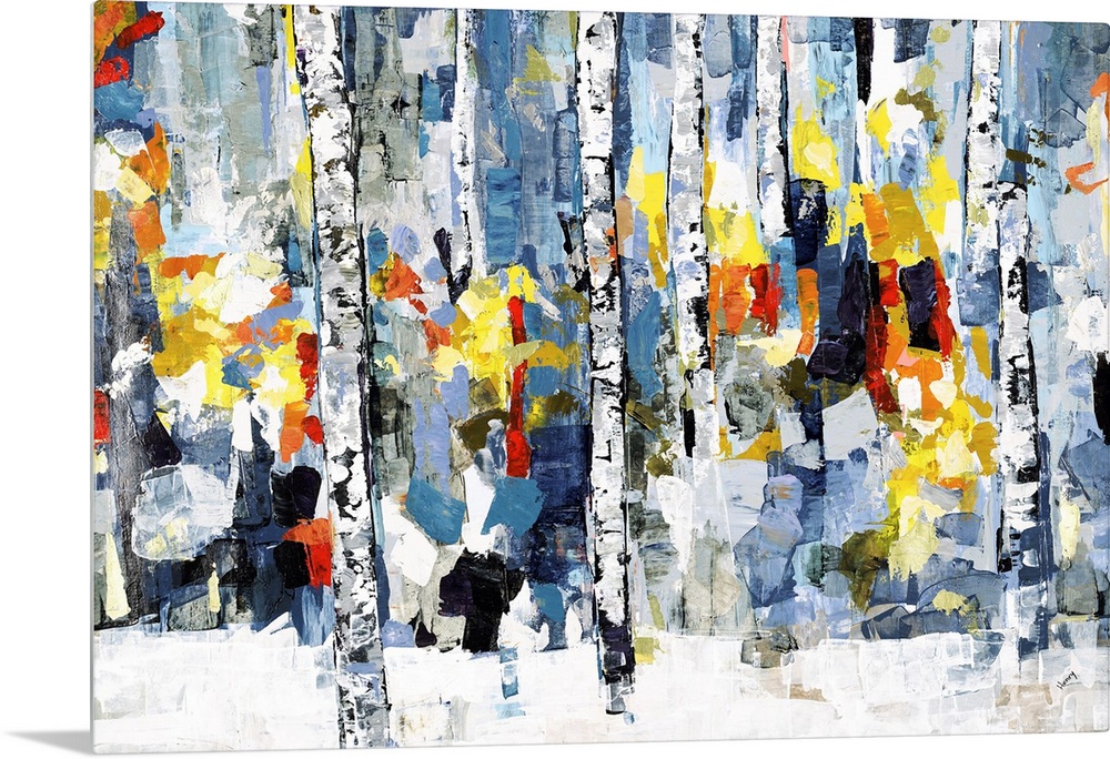 Horizontal abstract painting of a wooded forest with colorful fall leaves.