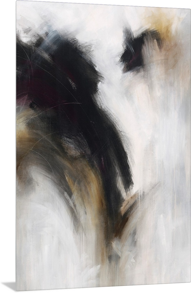 Vertical abstract painting with dark black over bright grey.