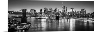 New York City Skyline with Brooklyn Bridge in Foreground, Evening, Black and White