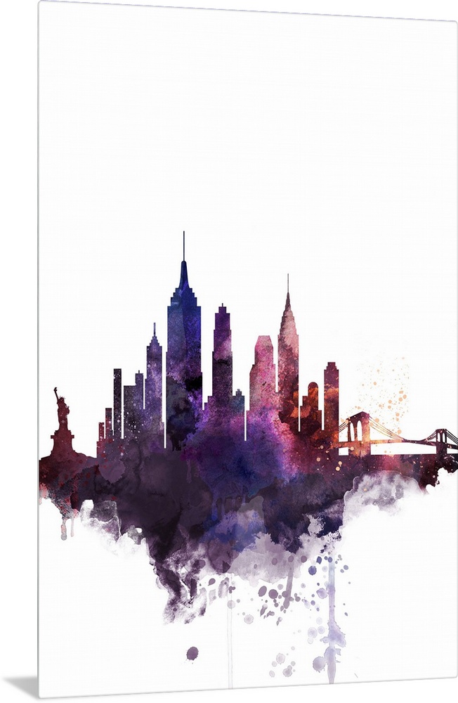 The New York City skyline in colorful watercolor splashes.