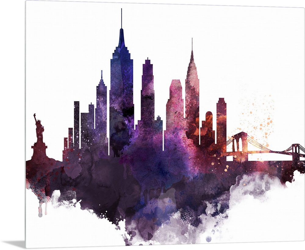 The New York City skyline in colorful watercolor splashes.