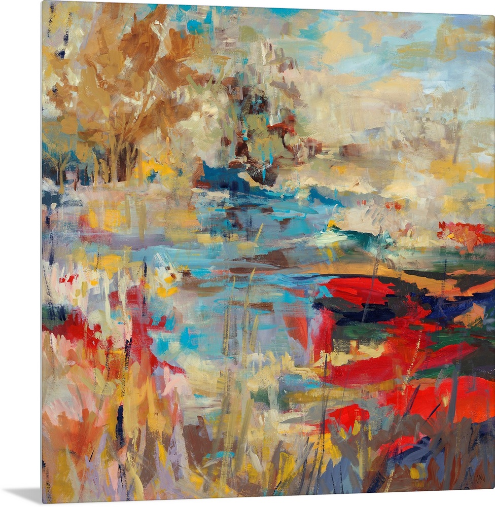 Abstract landscape painting of a creek with hints of poppy red and bright, mustard yellows.