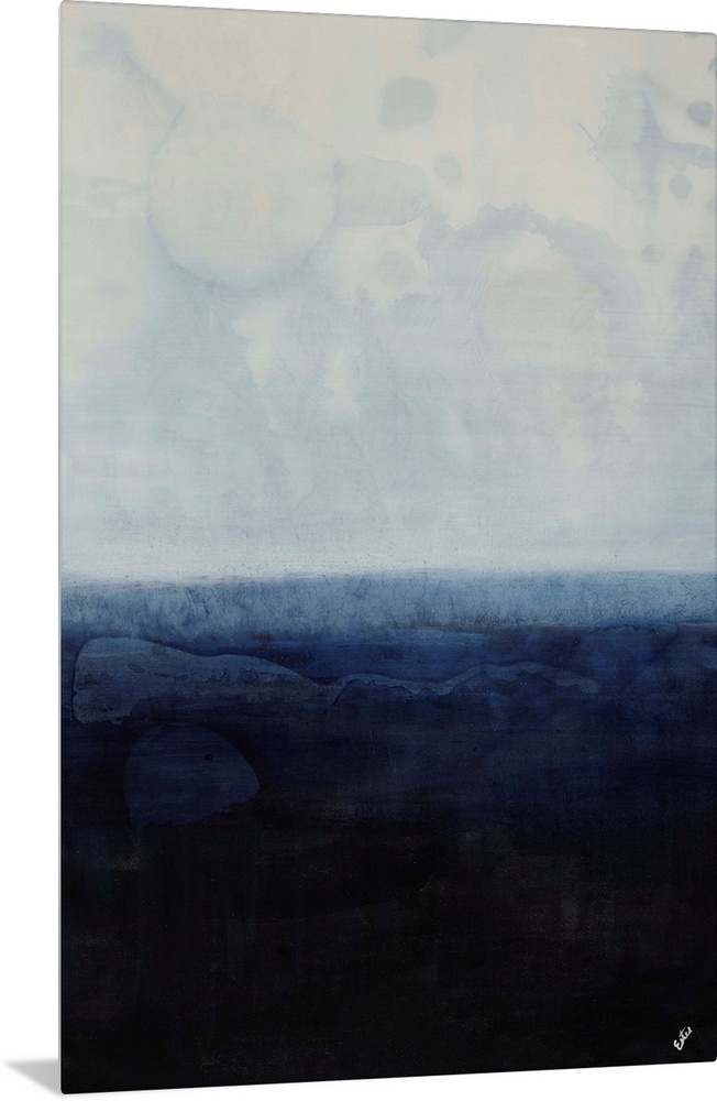 Simplistic abstracted seascape of a field of gray-blue overtop a field of navy.