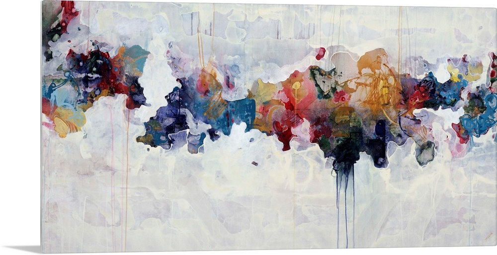 Abstract painting of a spectrum of dull colors arranged across the image with drips falling from some of the colors.