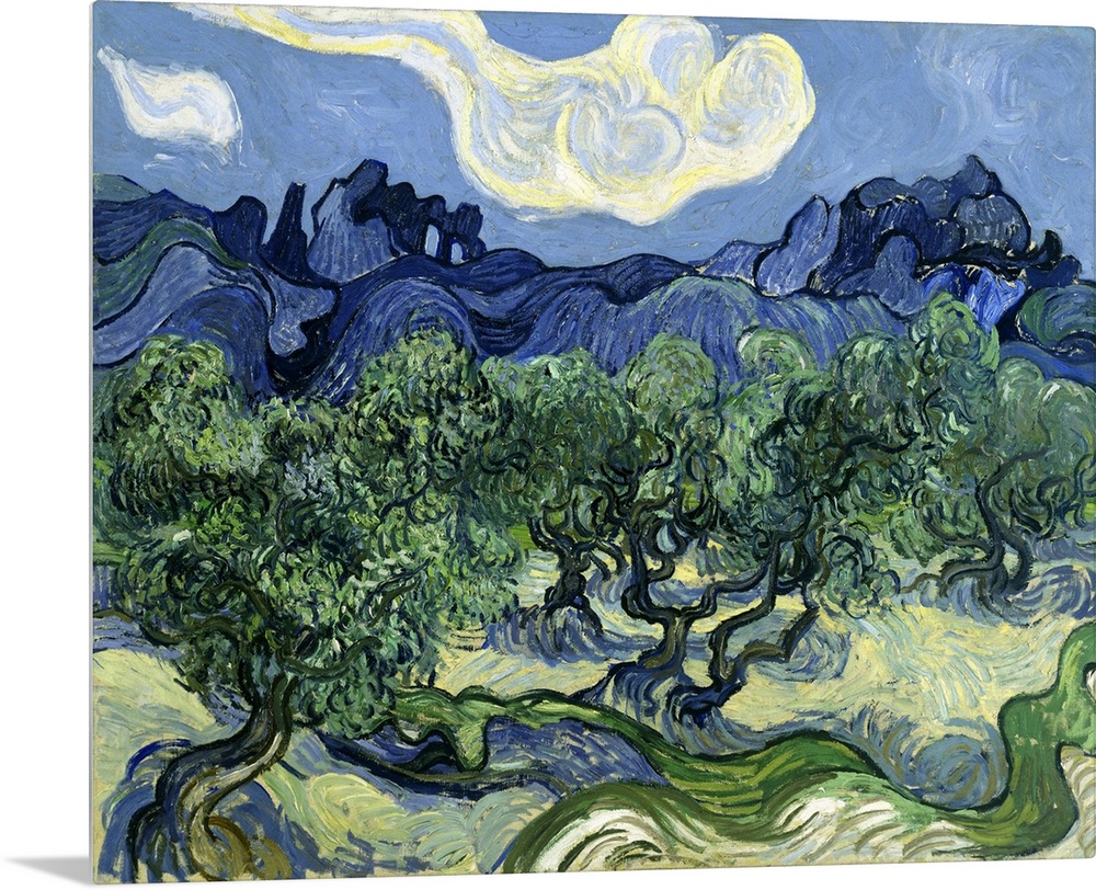 Vincent van Gogh's Olive Trees with the Alpilles in the Background (1889) famous landscape painting.