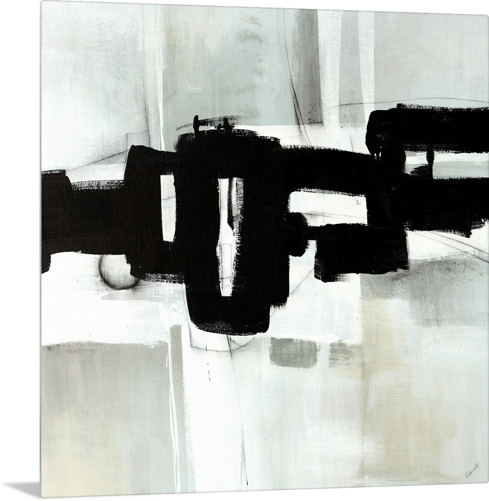 Contemporary abstract painting of interlocking black shapes over a gray background.