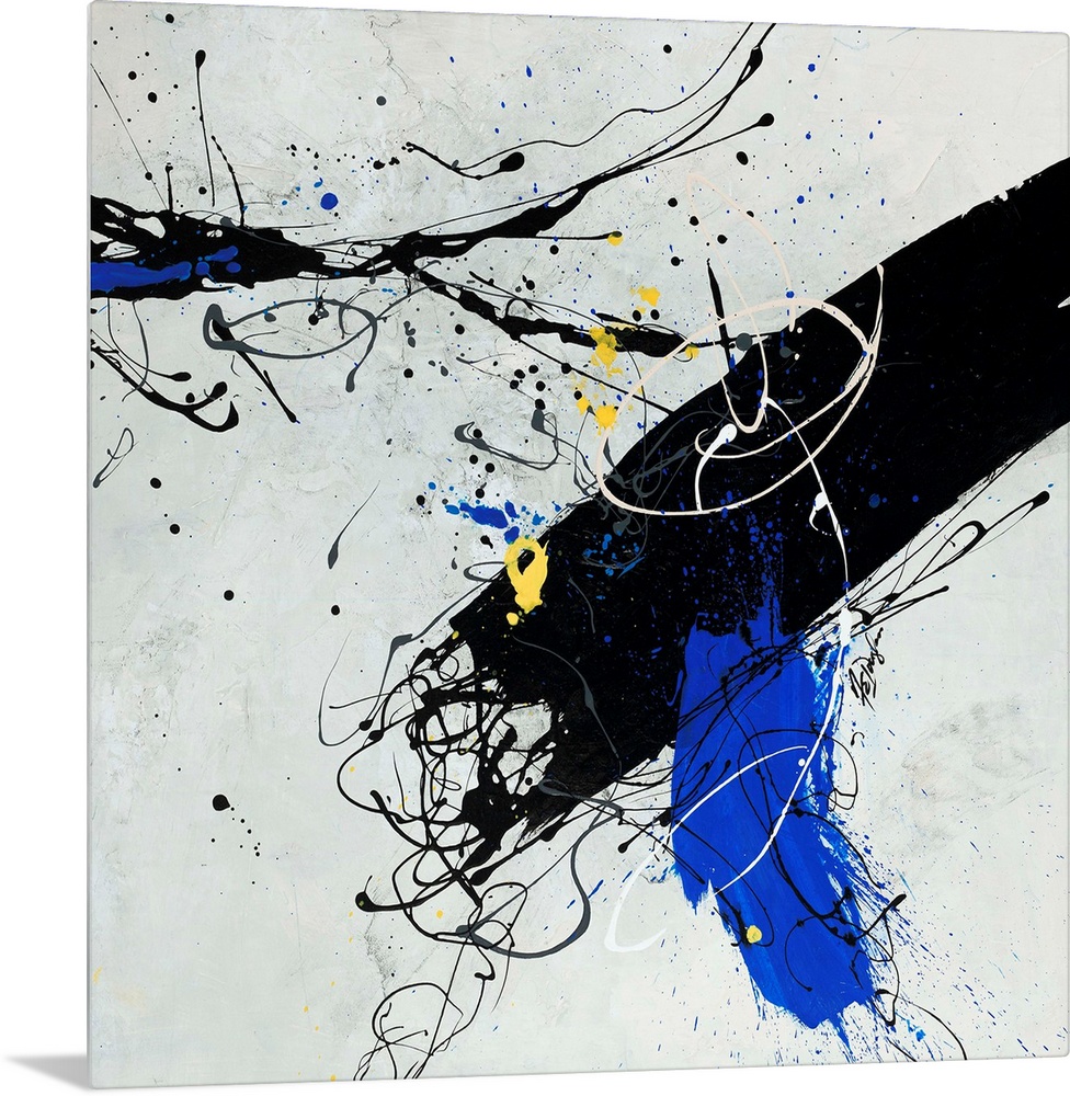 Contemporary abstract painting of a large black brushstroke accented with electric blue and cool yellow accents.