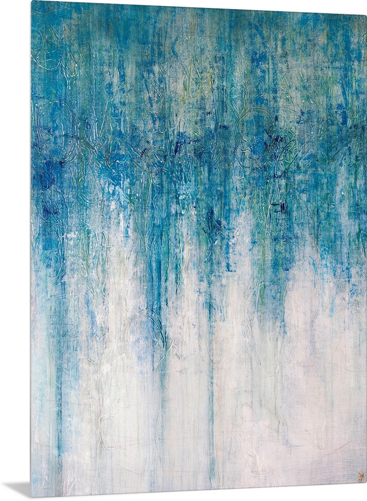 Abstract artwork that has shades of blue color at the top that drip down toward the bottom which is almost white.