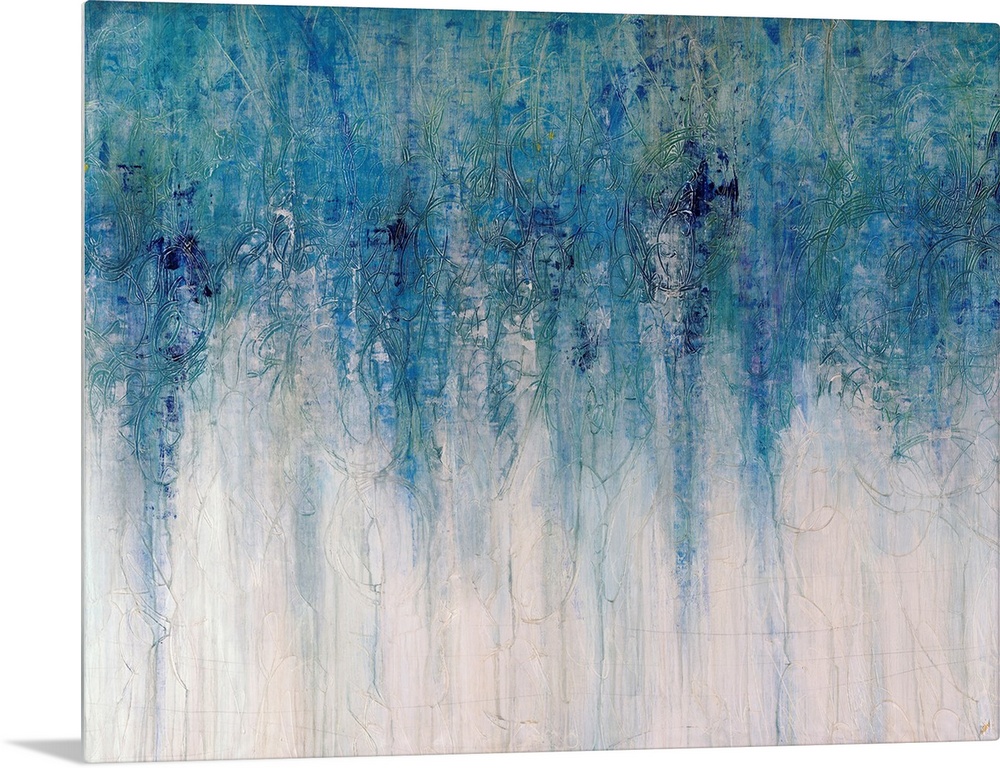 Abstract artwork with different shades of blue toward the top of the print fading down to an almost white area at the bott...