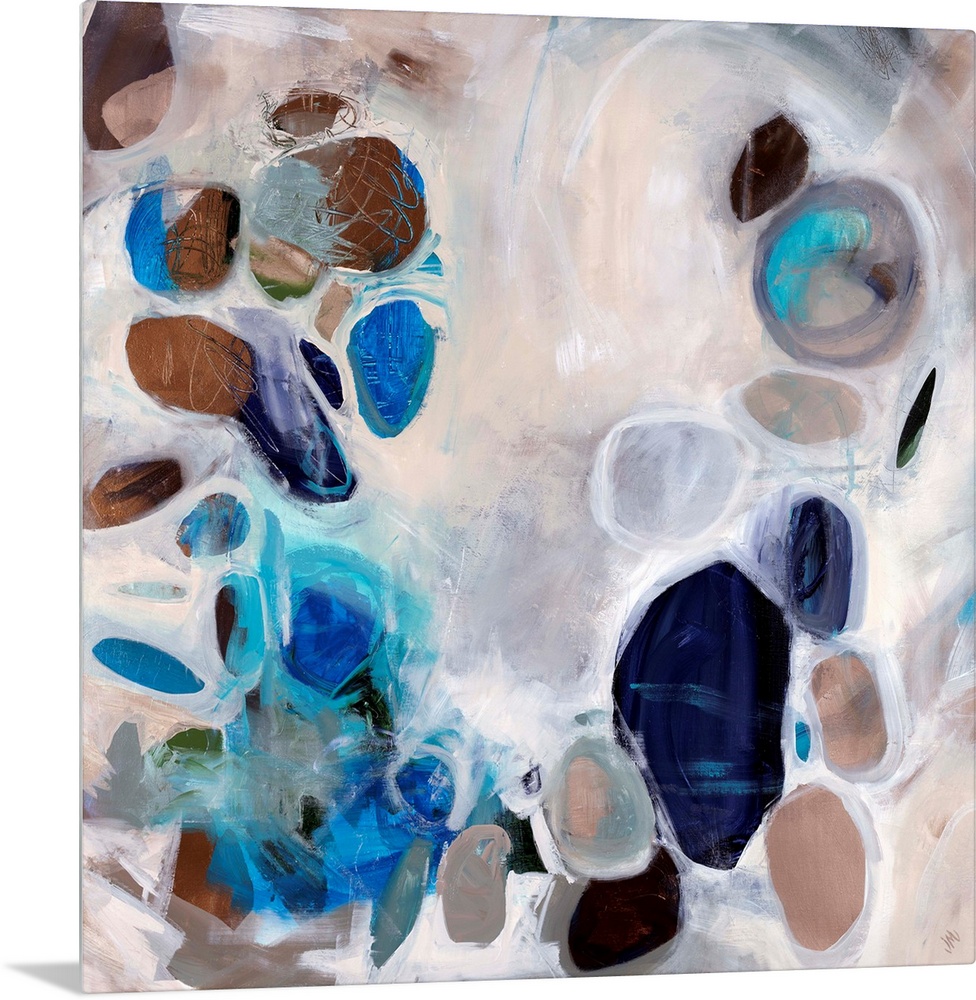 Contemporary abstract painting of stone-like shapes in blues and browns over a neutral background.