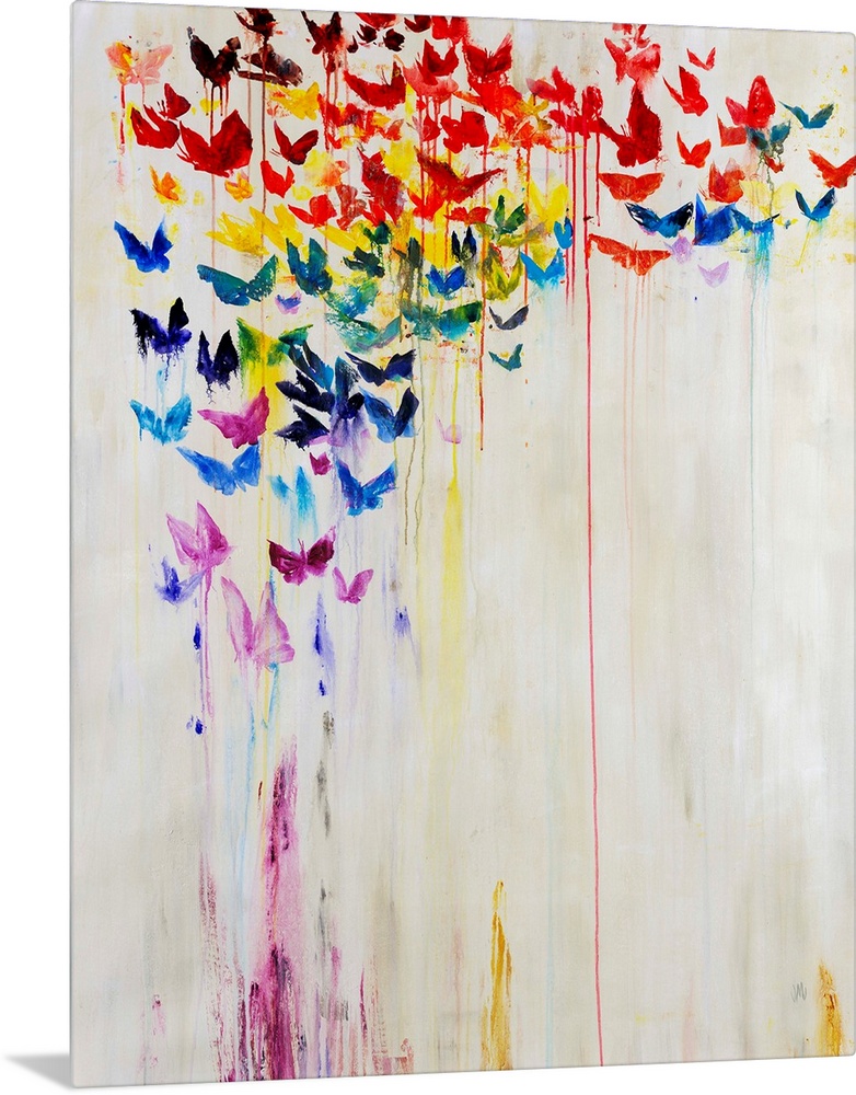 A rainbow of dripping painted butterflies against a white background.