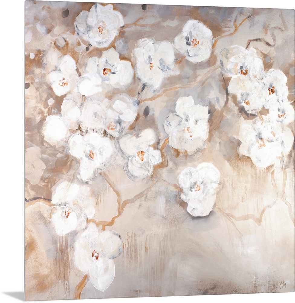 Huge contemporary art shows a group of flowers against a bare background.