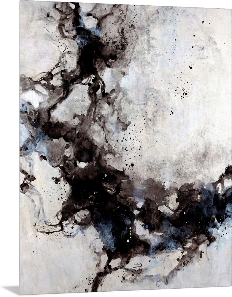 Abstract painting of blended ink splats and splatter with a soft pastel background.