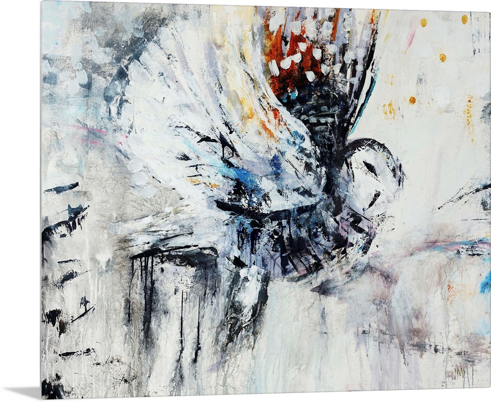 Contemporary abstract painting of an owl in flight.