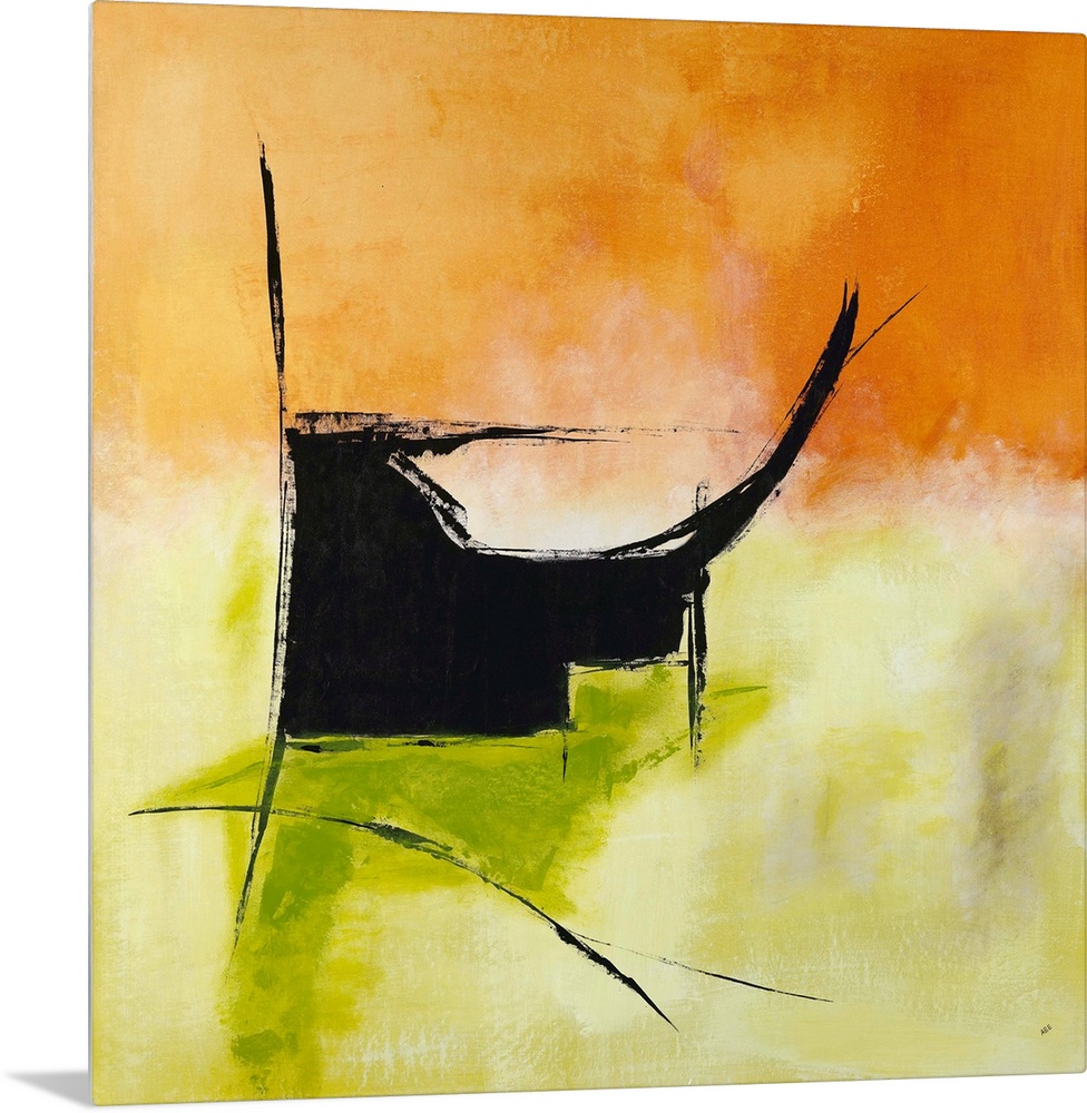 Square abstract painting in bright orange and green hues with a black design.