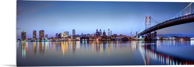 Philadelphia City Skyline at Night, Benjamin Franklin Bridge in Foreground