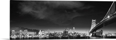 Philadelphia City Skyline at Night with Benjamin Franklin Bridge, Black and White