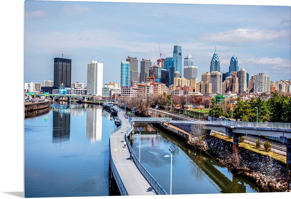 View of skyscrapers in Philadelphia, Pennsylvania, seen from the waterway.