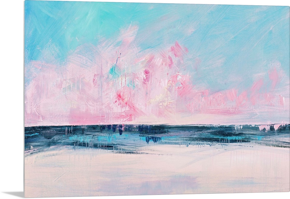 Semi-abstract contemporary artwork of a seascape with bright pink clouds on the horizon.